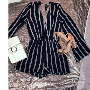 Navy striped long-sleeve romper